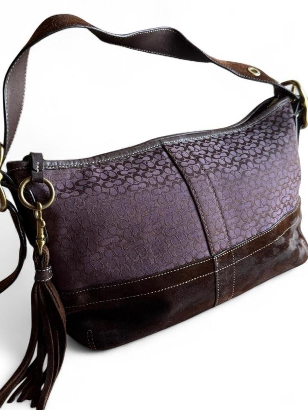 RARE COACH Y2K Legacy East West Shoulder Bag Purple Brown Monogram Suede Small - Picture 2 of 9